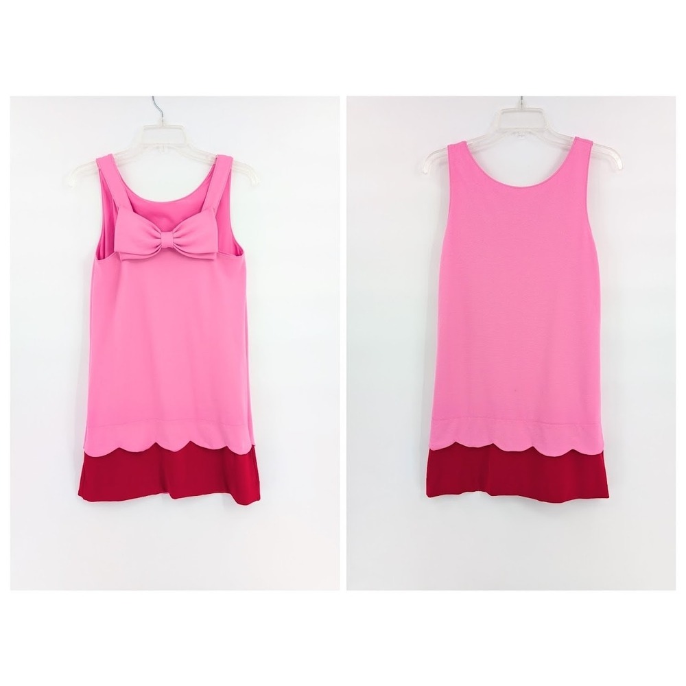 Kate Spade Girl Bow Dress Pink Red Scalloped Hem Sleeveless Sz 14Y Large